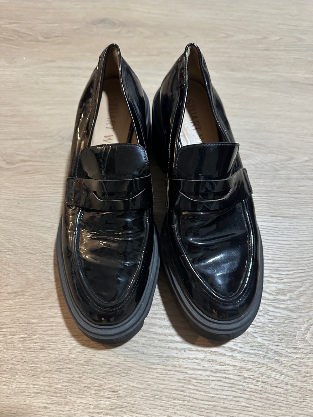 Stuart Weitzman Black Patent Leather Lug-Sole Penny Loafers